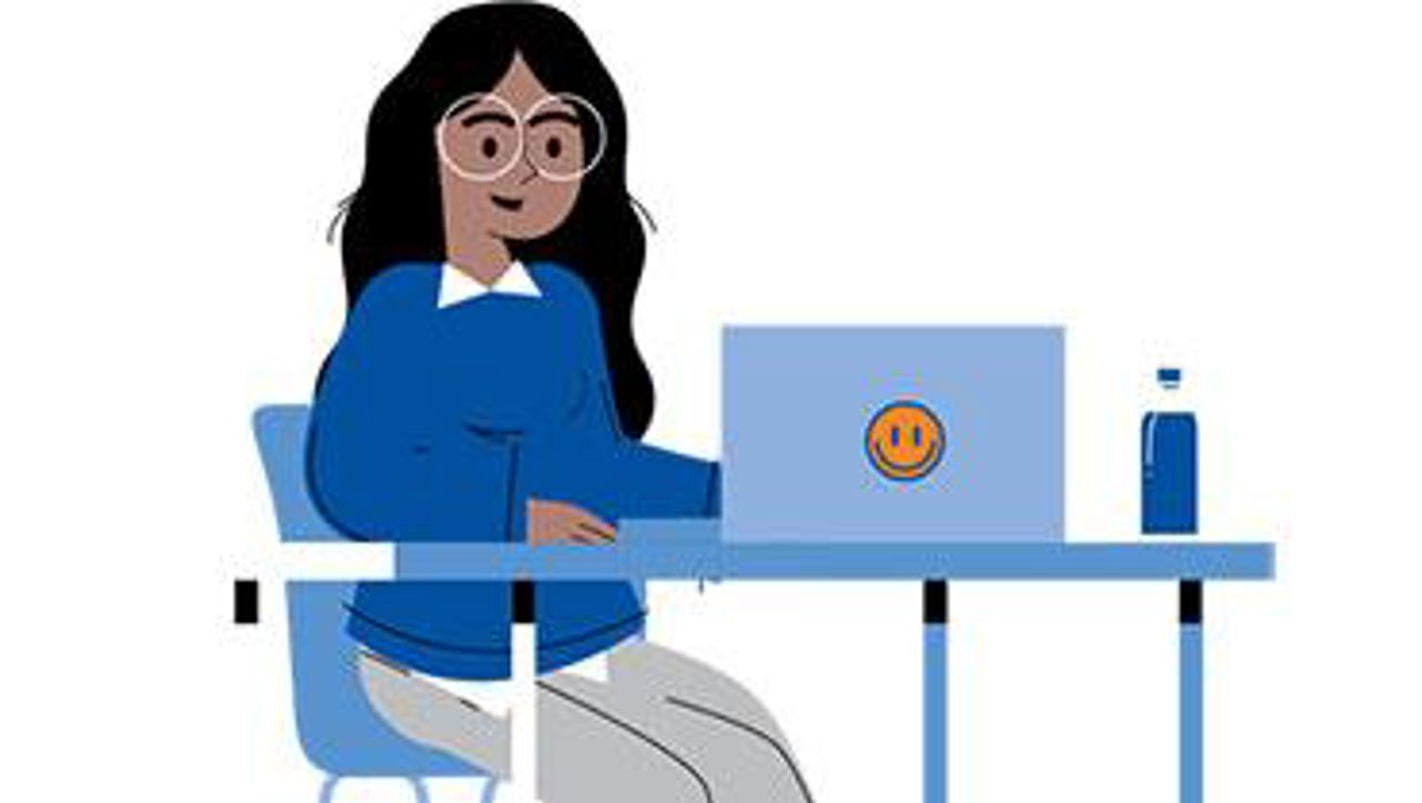 Illustrasjon av elev ved pult med pc