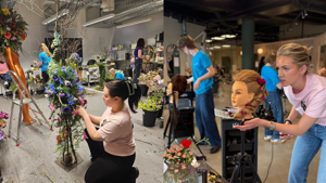 En jente som jobber med en blomsterdekorasjon og en jente som jobber med håret på et dukkehode.